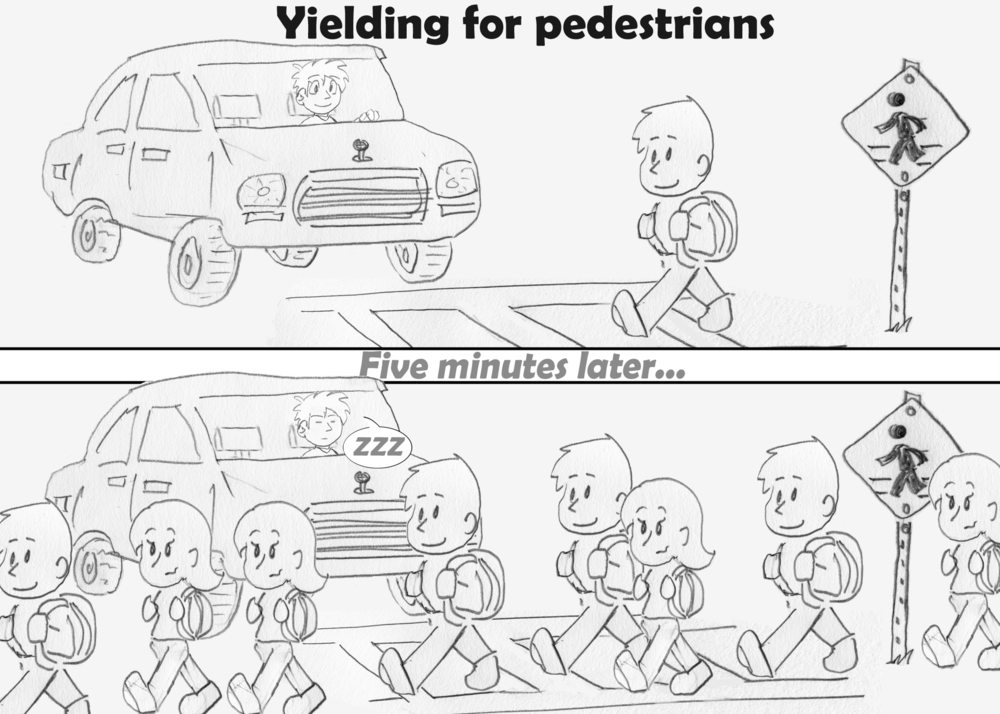 Frame 1: "Yielding for pedestrians" A driver in a car happily waits as another students walks across a crosswalk in front of him. Frame 2: "Five minutes later..." That same driver is still waiting as seemingly dozens of students now cross the crosswalk, and has fallen asleep.
