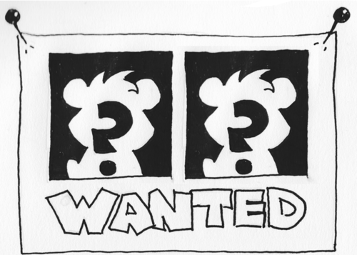 A wanted poster with two pictures of chipmunk silhouettes with large question marks instead of faces.
