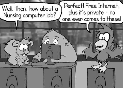Skip: "Well, then, how about a Nursing computer lab?" In a computer lab, the mastodon sits and uses a computer, manipulating the mouse with his trunk. Cal: "Perfect! Free Internet, plus it's private--no one ever comes to these!"